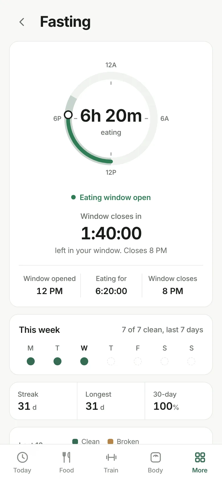 Fasting screen: 24-hour dial, live countdown, streaks and a 12-week calendar