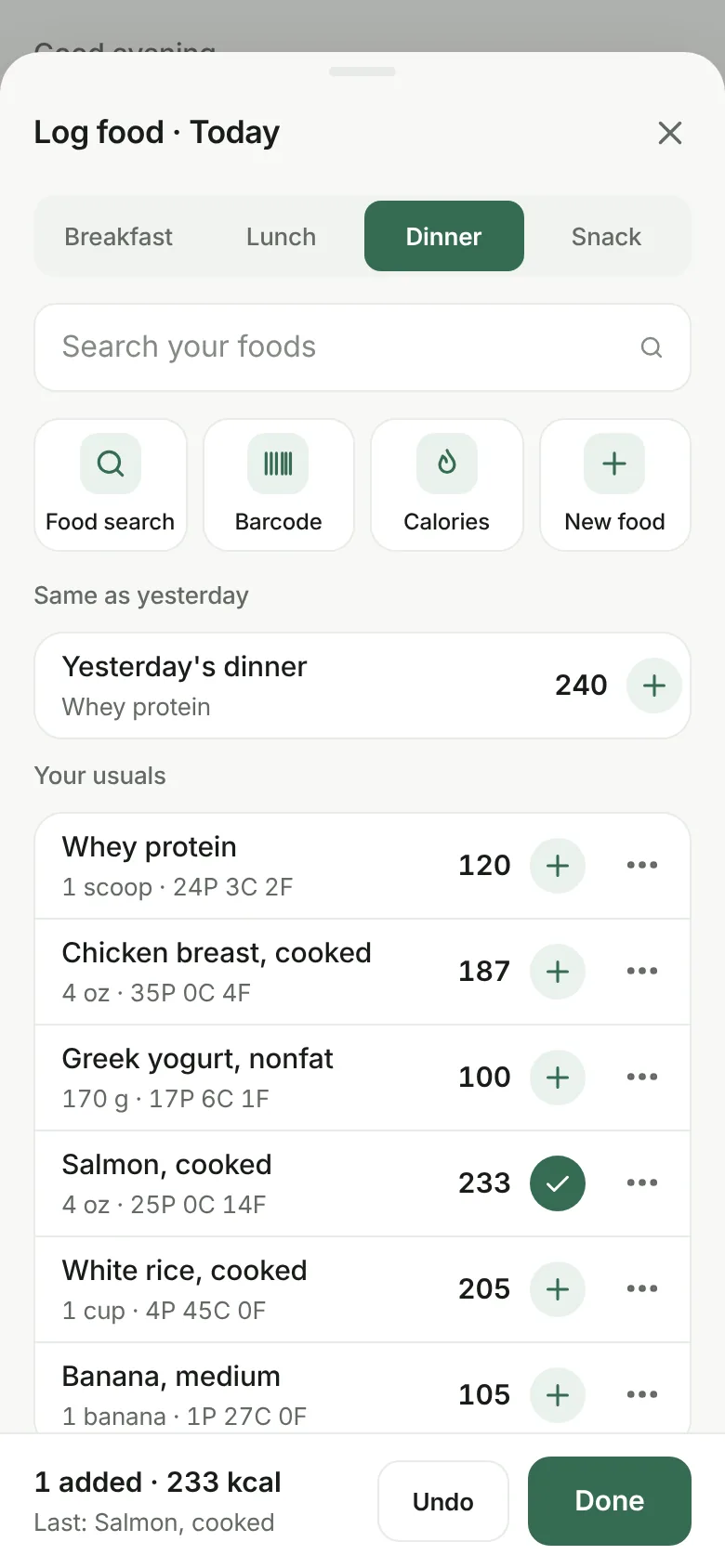 Log food sheet: meal tabs, search, food search, barcode and quick calories buttons, yesterday's meal and recent foods with one-tap add