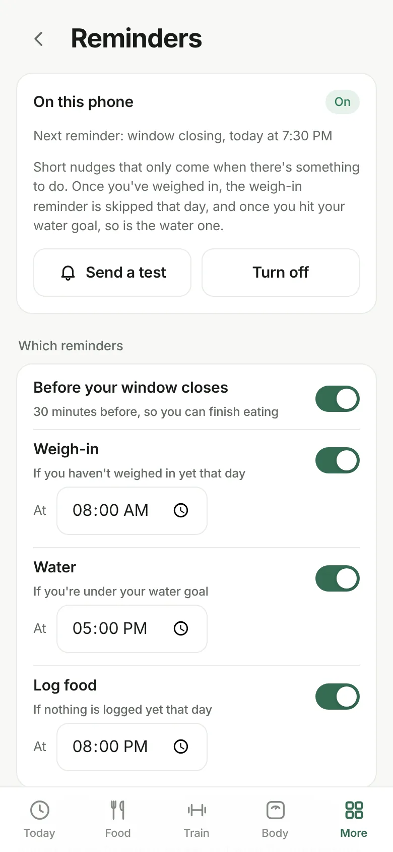 Reminders screen: nudges before the eating window closes, for weigh-in, water and logging, each with a time