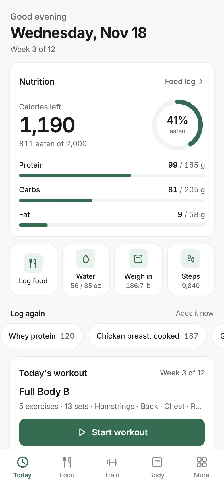 Today screen: eating window countdown, calories and macros left, today's workout, weight, steps and fasting streak
